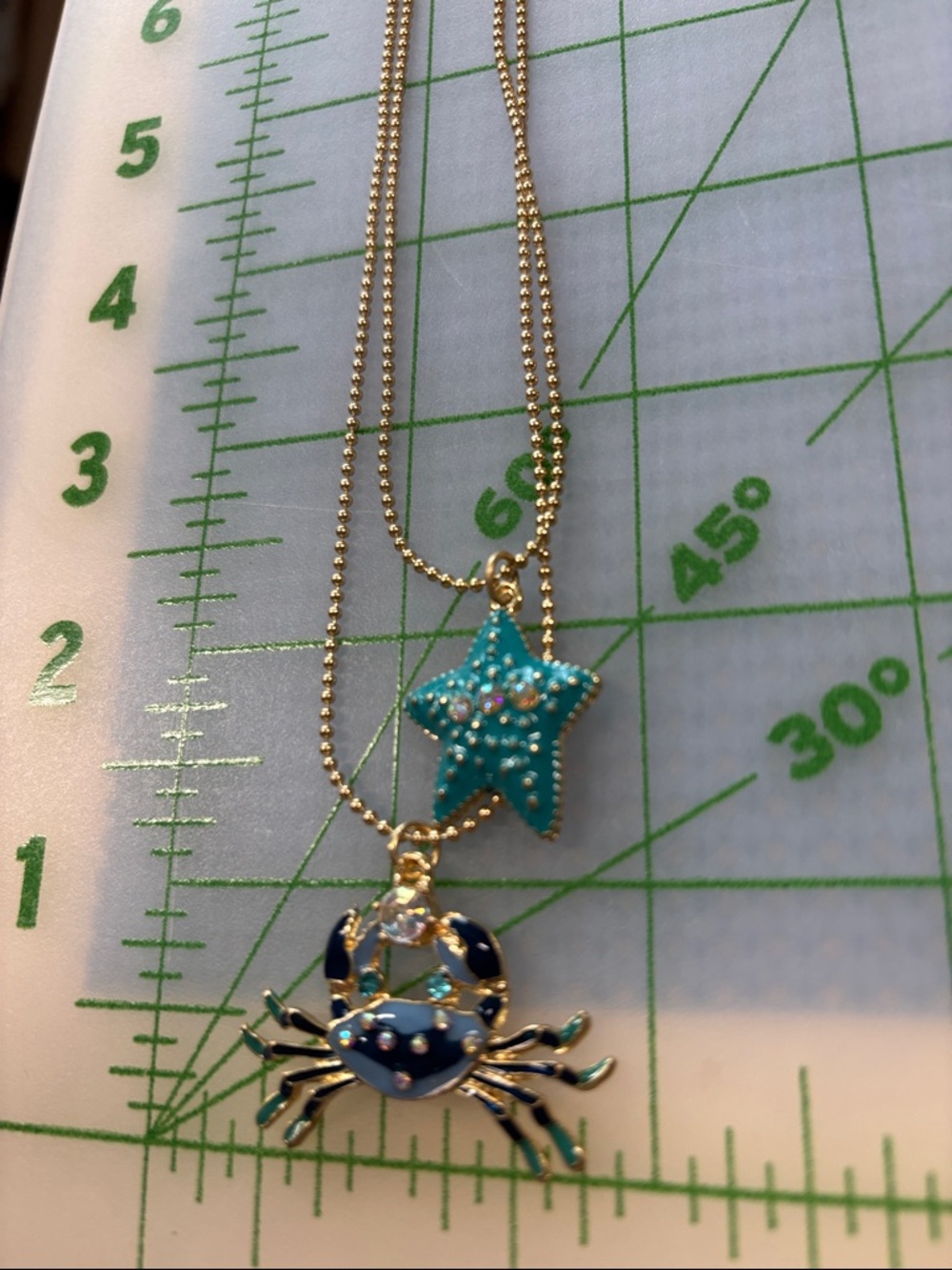 Gold Chain Necklace with Turquoise Star & Blue Crab Pendant - Picture 2 of 6